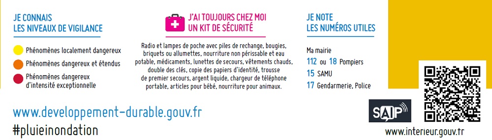 Affiche de prévention pluie-inondation : niveaux de vigilance, kit de sécurité conseillé et numéros utiles.