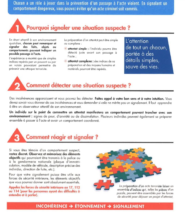 Affiche de prévention expliquant pourquoi et comment signaler une situation suspecte, avec numéros d'urgence 17, 112 ou 114.
